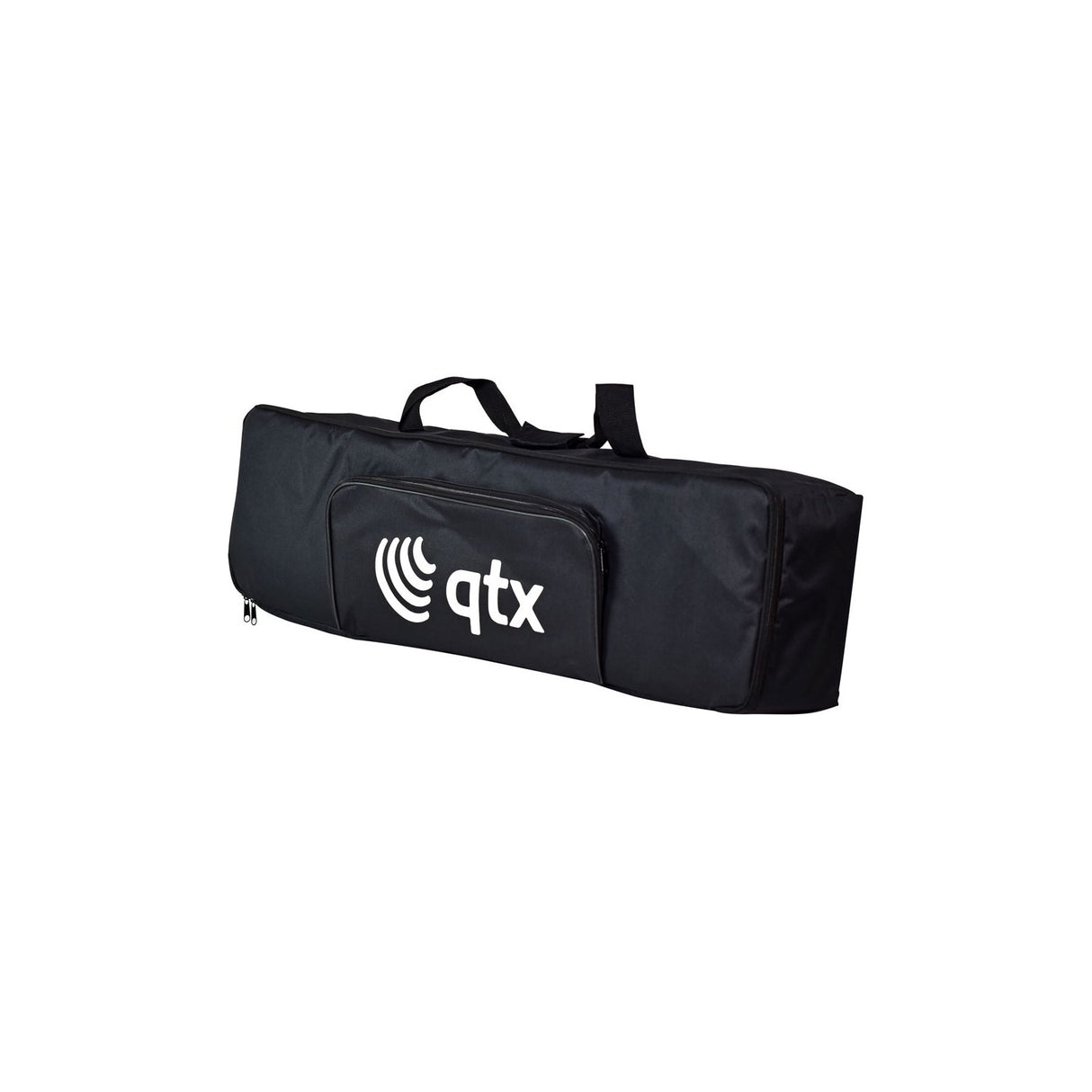 QTX black nylon carry bag for PAR bar with front zip pocket, logo print, and webbing handles, shown on a plain white background.