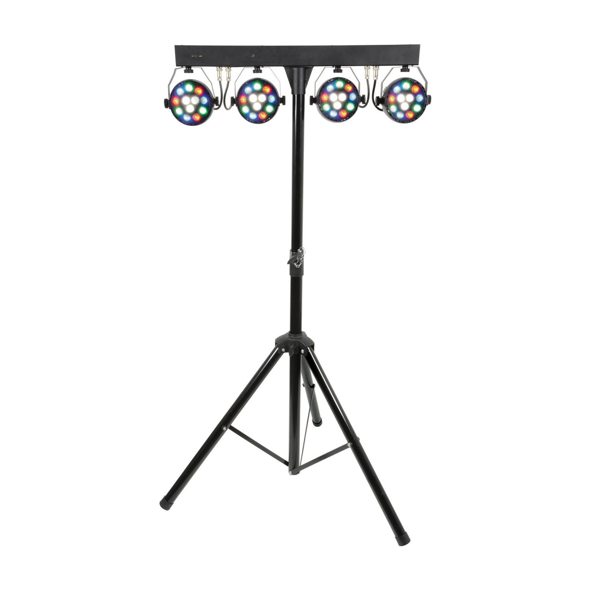 QTX 4 x 12W RGBW LED par can bar system by AVSL, four illuminated heads on a black T-bar mounted to an adjustable tripod stand, plain white background.