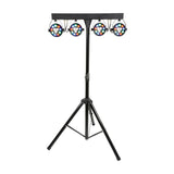 QTX 4 x 12W RGBW LED par can bar system by AVSL, four illuminated heads on a black T-bar mounted to an adjustable tripod stand, plain white background.