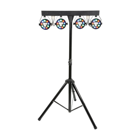 QTX 4 x 12W RGBW LED par can bar system by AVSL, four illuminated heads on a black T-bar mounted to an adjustable tripod stand, plain white background.