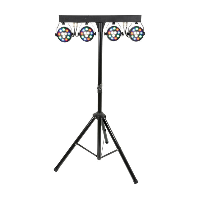 QTX 4 x 12W RGBW LED par can bar system by AVSL, four illuminated heads on a black T-bar mounted to an adjustable tripod stand, plain white background.