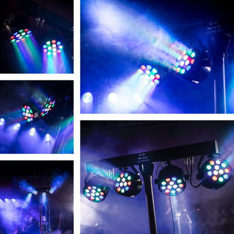 Collage showing QTX PB-1214 LED par bar system with four RGBW par cans illuminating a smoky stage in blue, green, red and white beams.