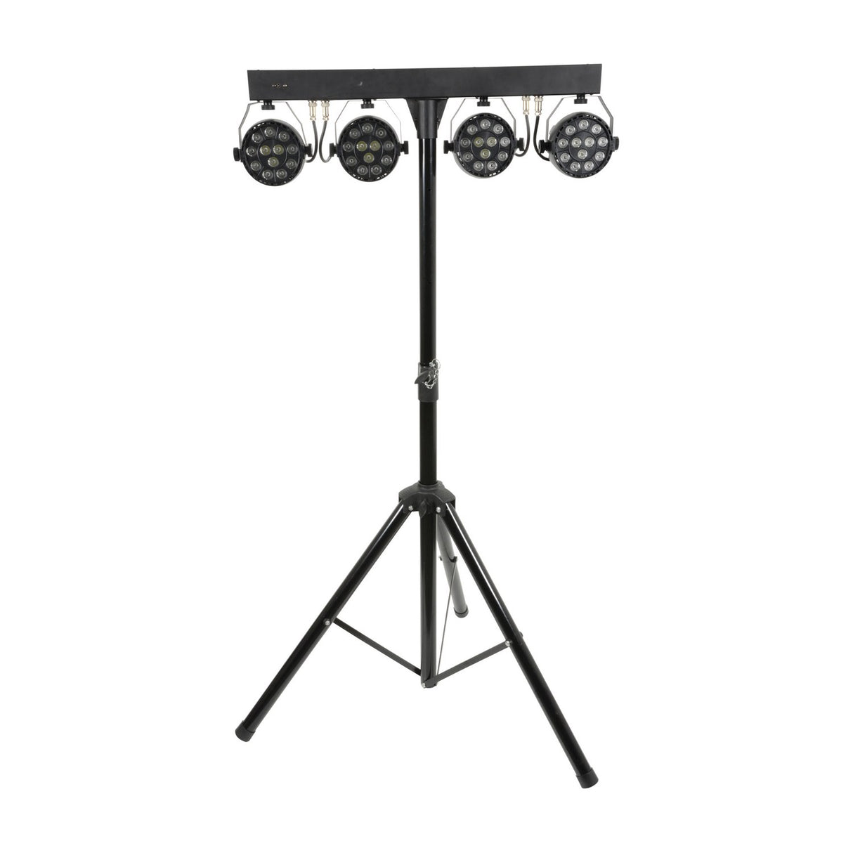QTX 4 x 12W RGBW LED par can bar system by AVSL, four black par cans mounted on a T-bar with adjustable black tripod stand.