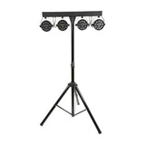QTX 4 x 12W RGBW LED par can bar system by AVSL, four black par cans mounted on a T-bar with adjustable black tripod stand.