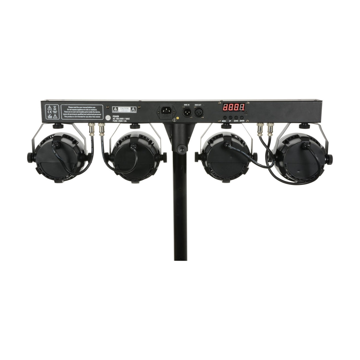 Rear view of the QTX 4 x 12W RGBW LED par can bar system on tripod stand, showing DMX in/out XLR ports, IEC power inlet, digital display and control buttons.