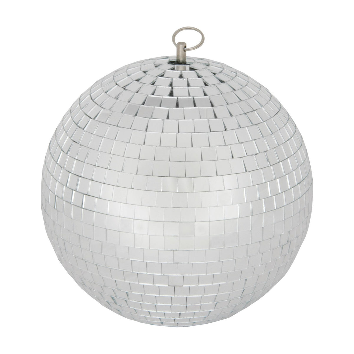 QTX 10cm glass disco ball by AVSL with plain silver mirror tiles in offset rows and a metal hanging ring at the crown, shown on a white background.