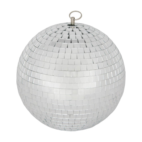 QTX 10cm glass disco ball by AVSL with plain silver mirror tiles in offset rows and a metal hanging ring at the crown, shown on a white background.