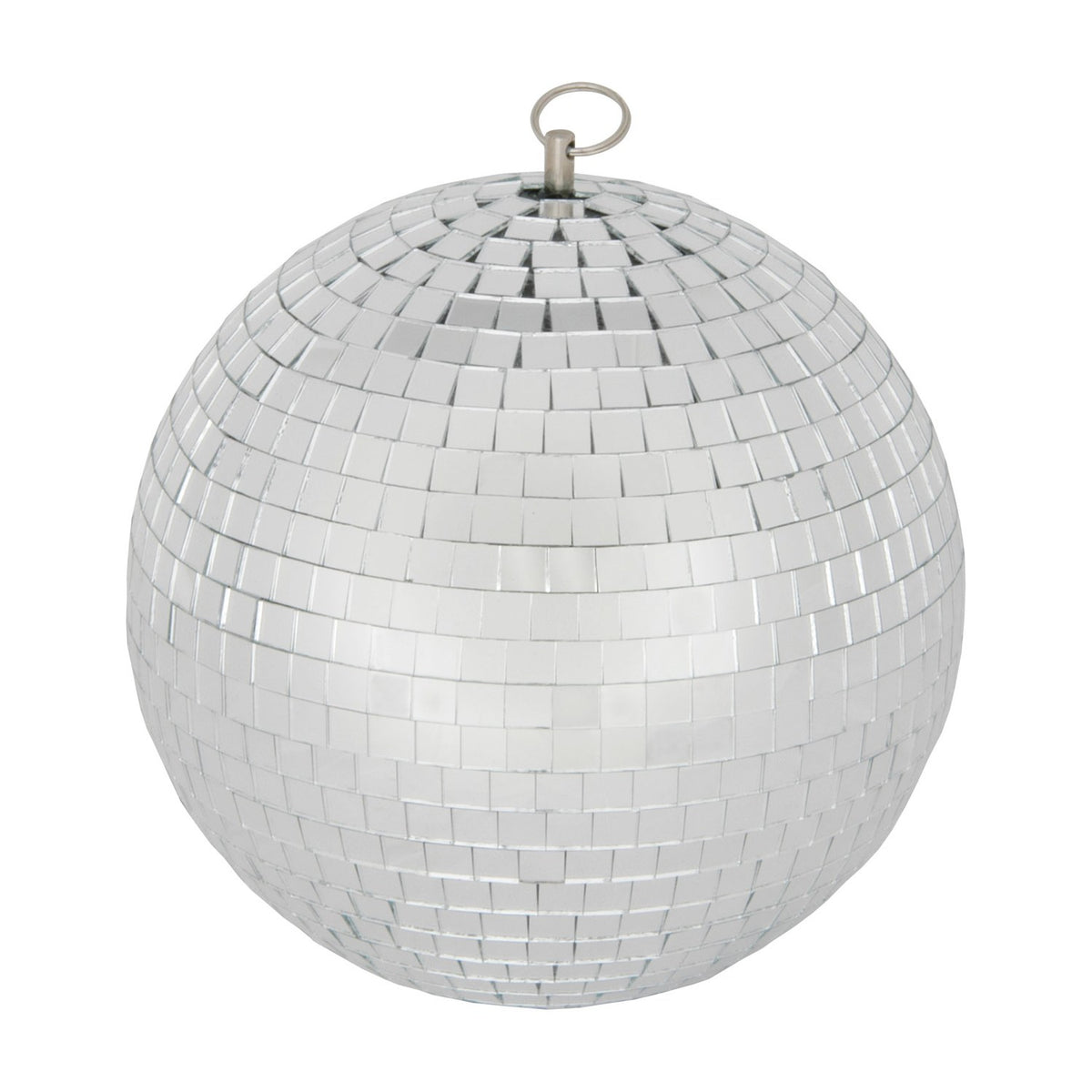 QTX 15cm glass disco ball by AVSL with mirrored square facets and a metal hanging ring at the top, shown on a plain white background.