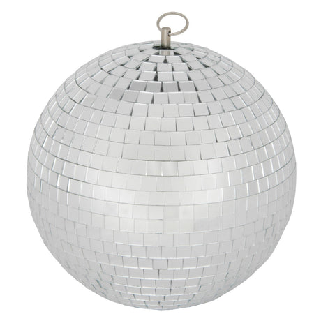 The QTX Plain Glass Disco Ball - 15cm features small mirrored tiles and a metal hanging ring, making it ideal for adding sparkle to any space.