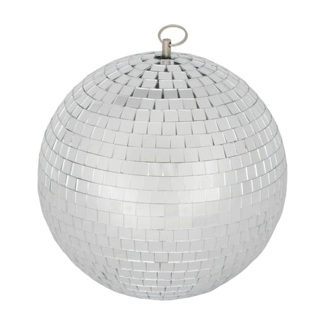 QTX 20cm glass disco ball by AVSL covered in small square mirror tiles with a metal hanging ring at the top, shown on a plain white background.