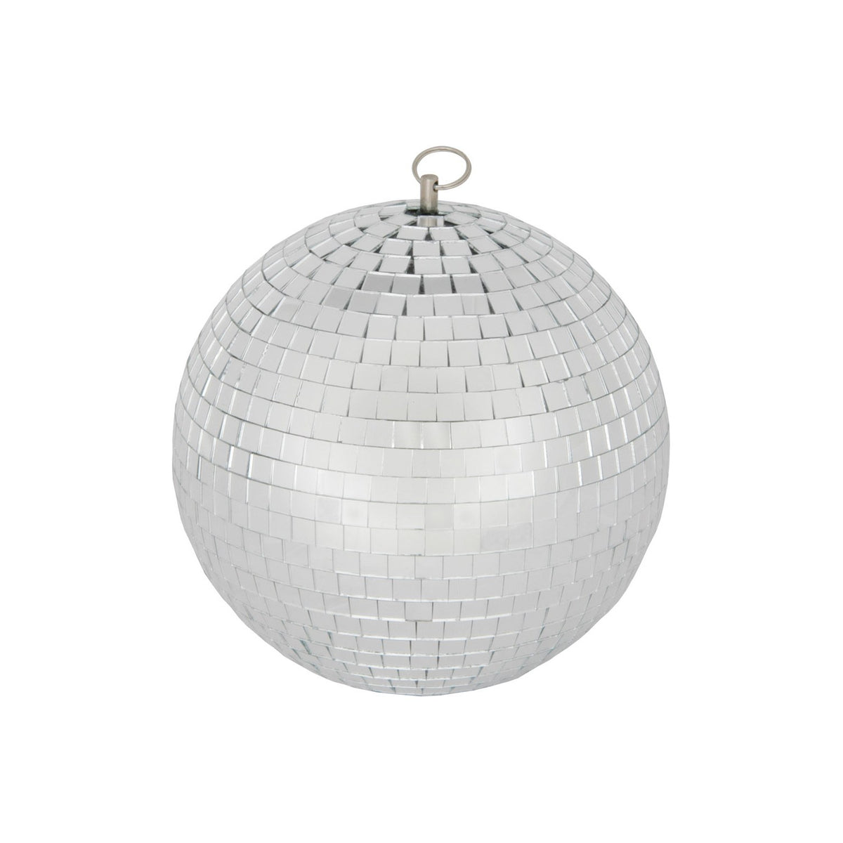 QTX 30cm glass disco ball covered in square mirror facets with a metal hanging ring at the top, shown on a plain white background.