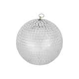 QTX 30cm glass disco ball covered in square mirror facets with a metal hanging ring at the top, shown on a plain white background.