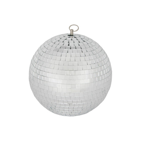 QTX 30cm glass disco ball covered in square mirror facets with a metal hanging ring at the top, shown on a plain white background.