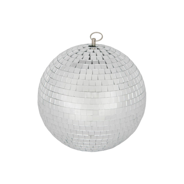 QTX 30cm glass disco ball covered in square mirror facets with a metal hanging ring at the top, shown on a plain white background.