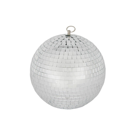 The QTX Plain Glass Disco Ball - 30cm features a shiny mirrored surface with small facets and a metal loop for hanging, making it perfect for dancefloor lighting. Presented isolated on a white background.