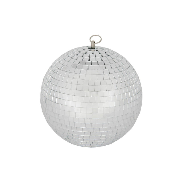The QTX Plain Glass Disco Ball - 30cm features a shiny mirrored surface with small facets and a metal loop for hanging, making it perfect for dancefloor lighting. Presented isolated on a white background.