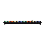 QTX 24x3W LED wall wash bar by AVSL in black metal housing with 24 illuminated RGB COB LEDs and end-mounted brackets, shown on a white background.