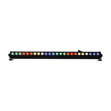 QTX 24x3W LED wall wash bar by AVSL in black metal housing with 24 illuminated RGB COB LEDs and end-mounted brackets, shown on a white background.