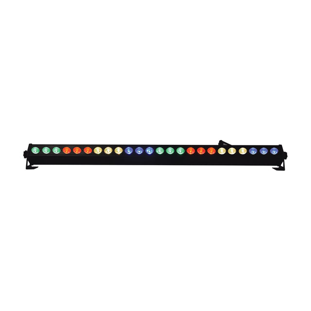 QTX 24x3W LED wall wash bar by AVSL in black metal housing with 24 illuminated RGB COB LEDs and end-mounted brackets, shown on a white background.