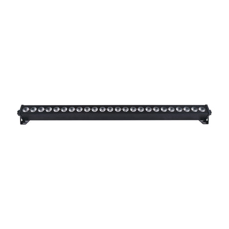 AVSL QTX LED wall wash bar in matte black with 24 RGB COB LEDs in a row and end-mounted adjustable brackets, shown on a plain white background.