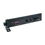Rear control panel of the AVSL QTX 24x3W LED wall wash bar in black, showing digital display, menu buttons, MIC sensor, DMX in/out ports and IEC power inlet.