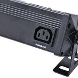 Close-up of the QTX LED wall wash bar's black metal end, showing the IEC power out socket and adjustable mounting bracket by AVSL.