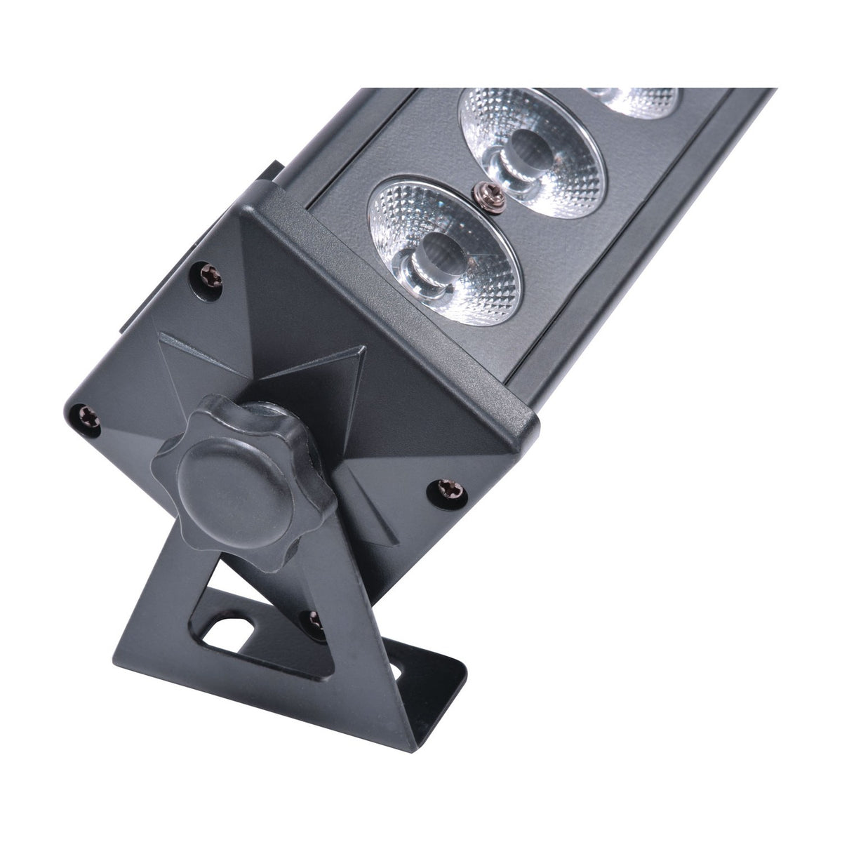 Close-up of the QTX 24x3W LED wall wash bar by AVSL, showing the black metal end bracket with adjustable tilt knob and three RGB COB LEDs.