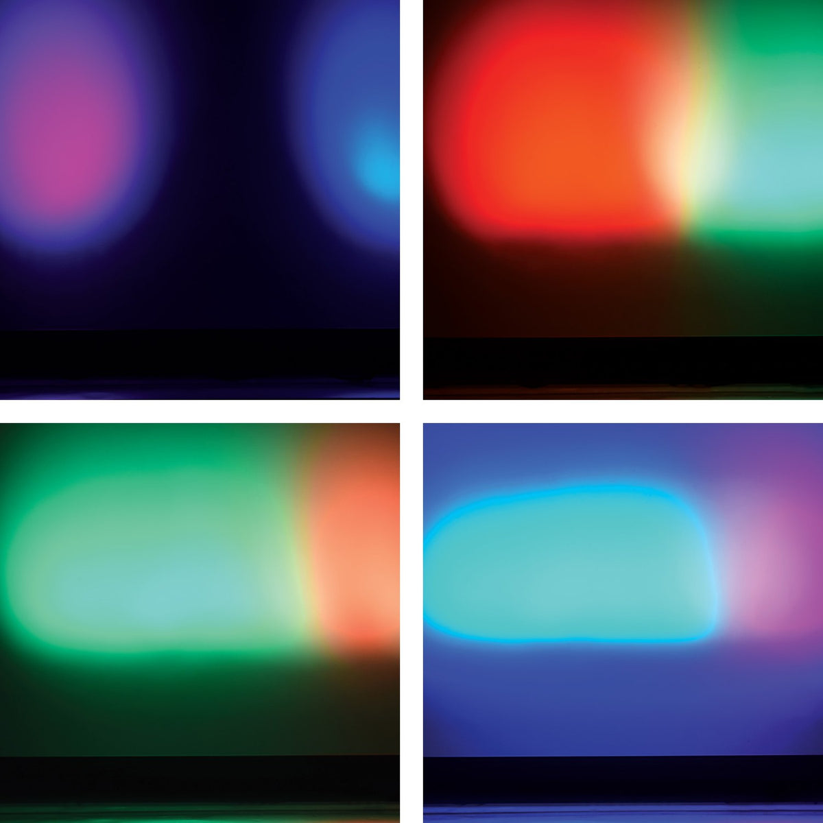 Four-panel display of the AVSL QTX 24x3W LED Wall Wash Light showing RGB colour output in purple, red, green and blue washes.