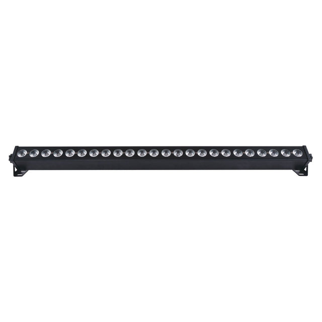 The QTX 24x3W LED Wall Wash Light - RGB is a sleek black bar with multiple bulbs in a row, mounted on end brackets, perfect for vibrant DMX lighting displays.