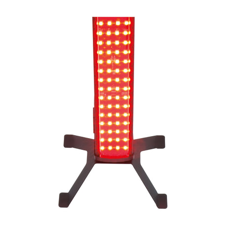 QTX black powder-coated steel four-leg floor stand supporting an illuminated red LED wall bar upright against a plain white background.
