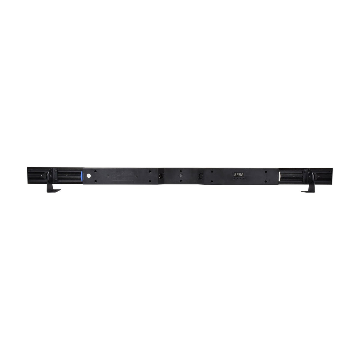 Rear view of the AVSL QTX 24x3W LED wall wash bar in matt black, showing XLR and power ports, digital display, and tilt-adjustable mounting brackets.