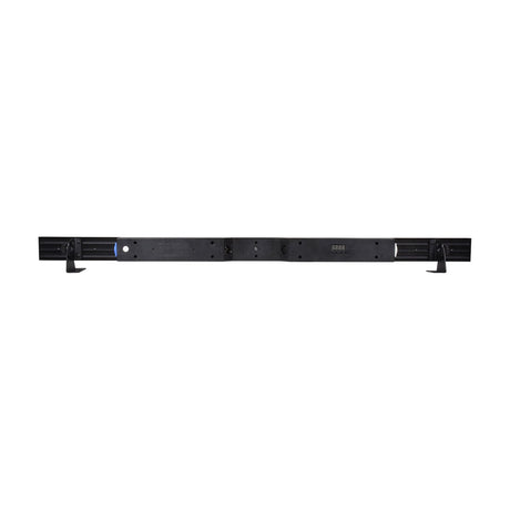 Rear view of the AVSL QTX 24x3W LED wall wash bar in matt black, showing XLR and power ports, digital display, and tilt-adjustable mounting brackets.