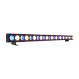 AVSL QTX 24x3W LED wall wash bar in matt black, with 24 alternating RGB and amber LEDs illuminated blue and amber, on tilt brackets against white.