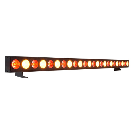 The QTX 24x3W LED Wall Wash And Beam Light - RGB is a long, black LED bar featuring twenty-four evenly spaced lights, emitting vibrant colored beams, and supported by two small stands at each end.
