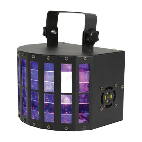 QTX Derby9 compact matte black LED derby effect light with carry handle, tilt bracket and illuminated multi-colour lens on a white background.