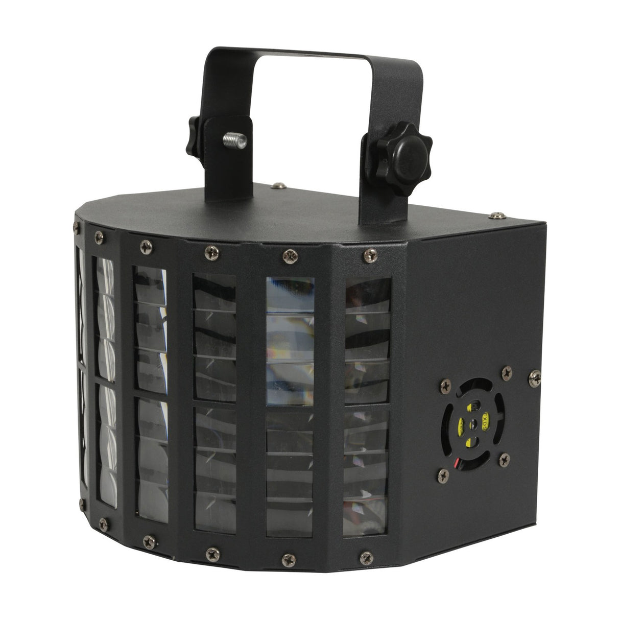 QTX Derby9 compact matte black LED derby effect light with multi-lens front, carry handle and tilt bracket, shown at an angle on a white background.