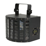 QTX Derby9 compact matte black LED derby effect light with multi-lens front, carry handle and tilt bracket, shown at an angle on a white background.