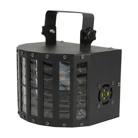 QTX Derby9 compact matte black LED derby effect light with multi-lens front, carry handle and tilt bracket, shown at an angle on a white background.
