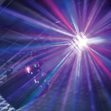 QTX Derby9 LED derby effect light by AVSL projecting multi-colour rotating beams in purple, blue, red and white across a darkened venue ceiling.