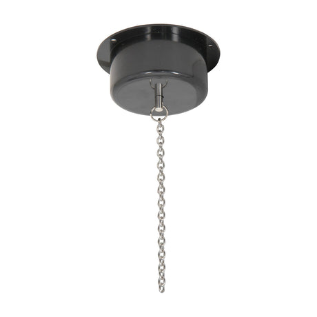 QTX low noise disco ball motor by AVSL with black ABS ceiling-mount housing, steel chain and hook, shown on a plain white background.
