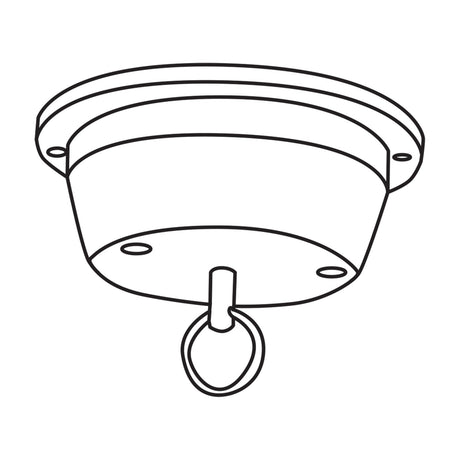 Line drawing of the QTX Low Noise Disco Ball Motor by AVSL, a round ceiling-mounted rotator with fixing holes and a hanging ring for a mirror ball.