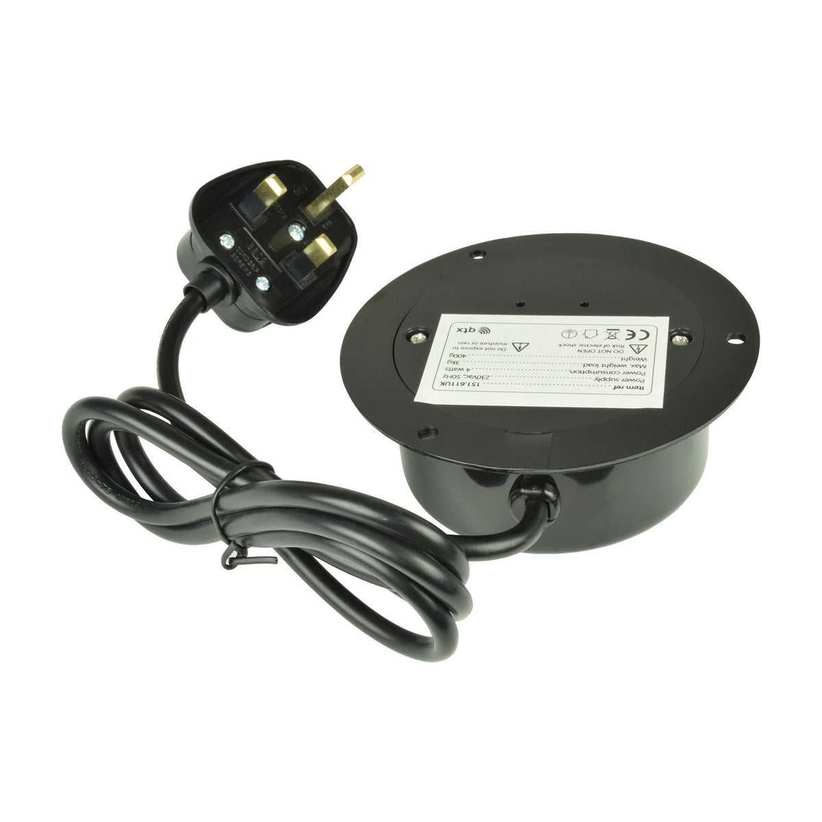 QTX low noise disco ball motor with black ABS round housing, specification label, and 0.6m captive cable ending in a UK 13A plug.