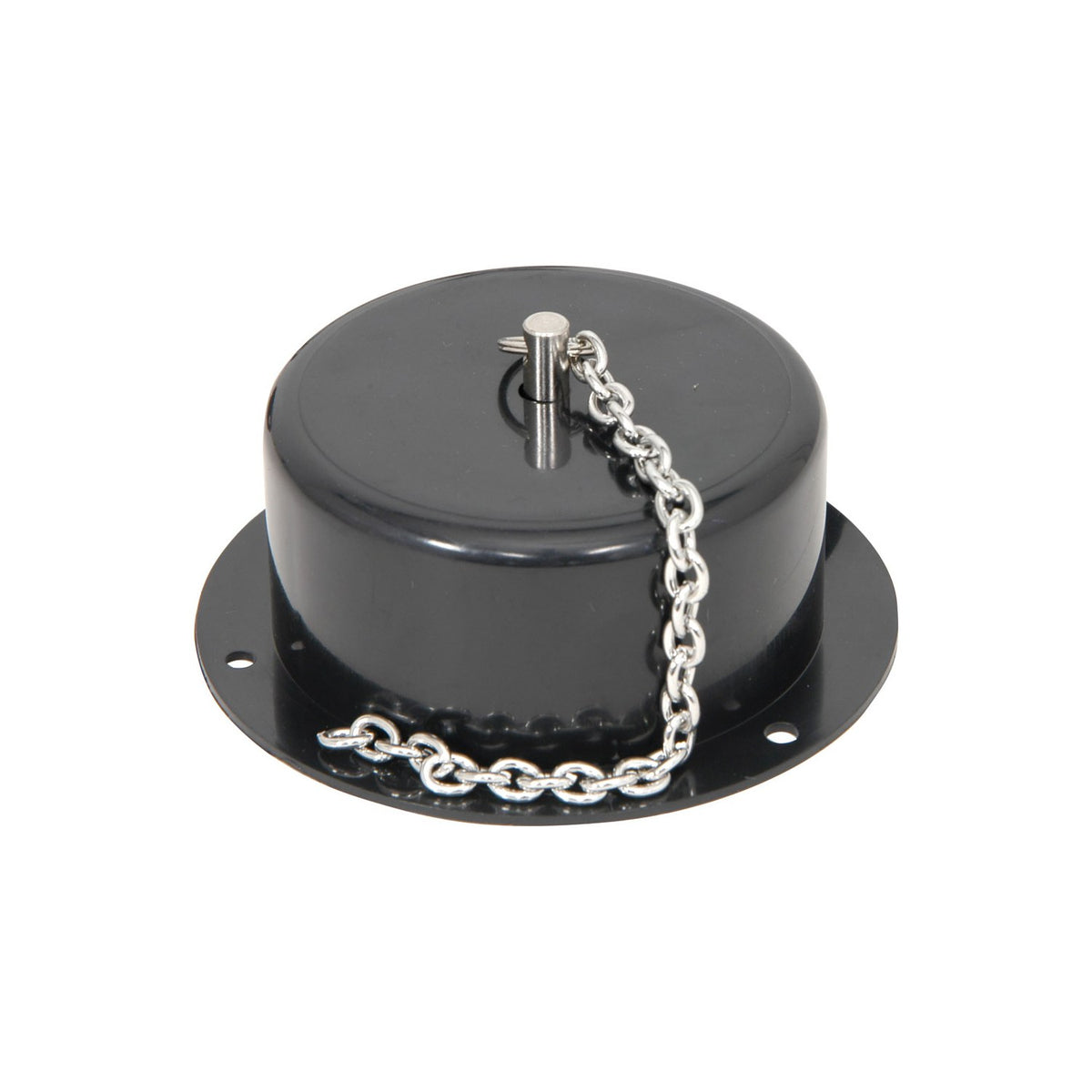 QTX low noise disco ball motor by AVSL with black ABS housing, circular mounting flange, steel suspension chain and locking pin, on a white background.