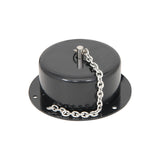 QTX low noise disco ball motor by AVSL with black ABS housing, circular mounting flange, steel suspension chain and locking pin, on a white background.