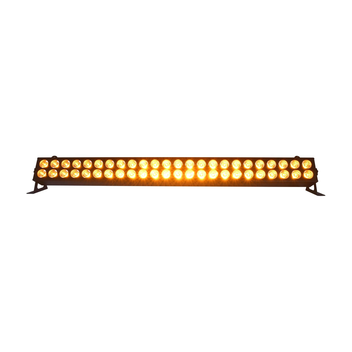 QTX DuplexBar LED wall bar by AVSL with 48 RGBA LEDs in two rows glowing amber, mounted on floor brackets against a white background.