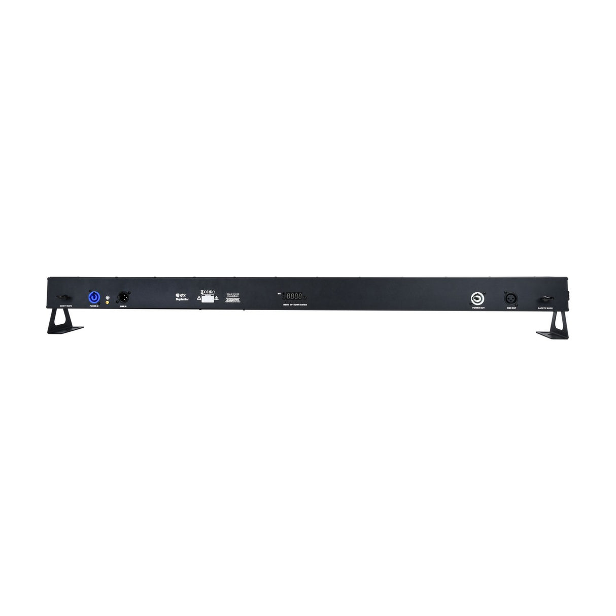 Rear view of the QTX DuplexBar LED wall bar by AVSL showing power in/out, DMX in/out XLR ports, digital display with menu buttons, and mounting brackets.