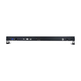 Rear view of the QTX DuplexBar LED wall bar by AVSL showing power in/out, DMX in/out XLR ports, digital display with menu buttons, and mounting brackets.