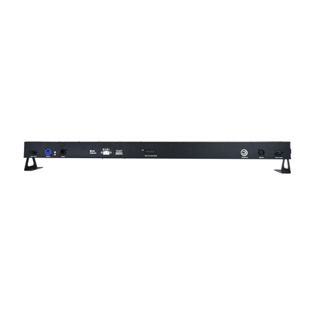 Rear view of the QTX DuplexBar LED wall bar by AVSL showing power in/out, DMX in/out XLR ports, digital display with menu buttons, and mounting brackets.