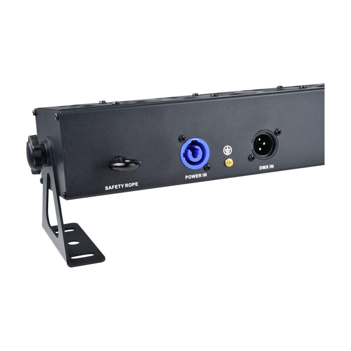 Rear panel close-up of the QTX DuplexBar LED wall bar showing safety rope loop, blue twist-lock power in socket, and 3-pin XLR DMX in with tilt bracket.