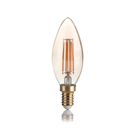 The 4W Non-Dimmable LED Candle Filament Bulb in amber, with its teardrop shape and gold screw base (E14), is displayed against a white background. Inside, the visible filaments emit a warm 2200K glow that enhances the bulb's vintage lighting appeal.